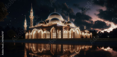 The Beautiful Mosque Glows at Night Against the Dark Sky extreme closeup. Generaive AI