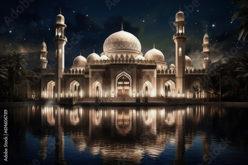 The Beautiful Mosque Glows at Night Against the Dark Sky extreme closeup. Generaive AI
