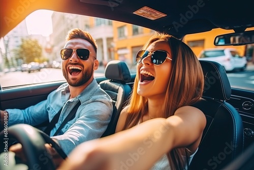 Fotografering Happy young couple driving a convertible car on a city street