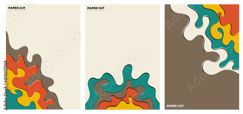 Bundle set vertical A4 banners with 3D abstract backgrounds with green, brown, orange, and yellow paper cut waves. Vector design layout for business presentations, flyers, posters, and invitations.