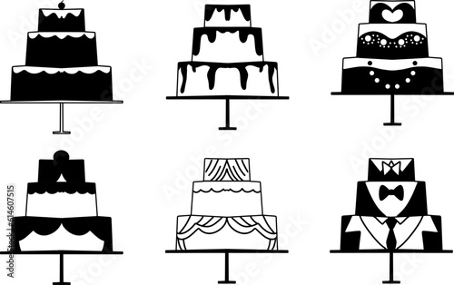 Cake cake icon vector illustration. Black outline style for wedding decoration card and banner.