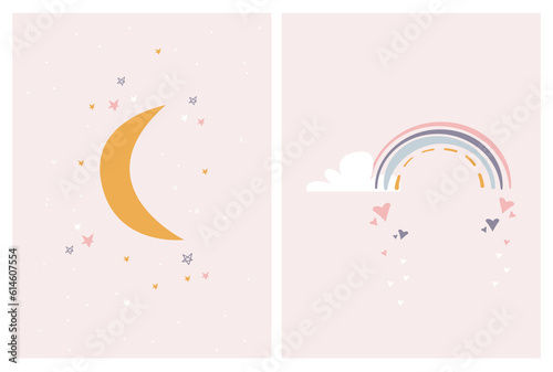 Colourful Kids nursery room wall posters with Rainbow, clouds, moon, stars and hearts in pink colours. Nursery Wall Art for Baby. Vector Illustration Set Ideal for Cards, Invitations, Posters. 