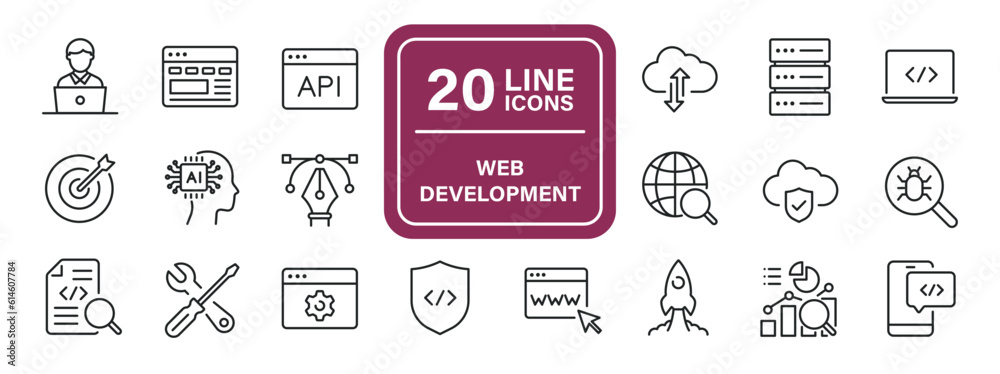 Web development line icons. Editable stroke. For website marketing design, logo, app, template, ui, etc. Vector illustration. Web development line icons. Editable stroke. For website marketing design, logo, app, template, ui, etc. Vector illustration.