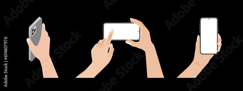 Hand holding mobile phone horizontally and vertically with blank screen illustration vector set in flat style isolated. Different gesture hands is touching smartphone display