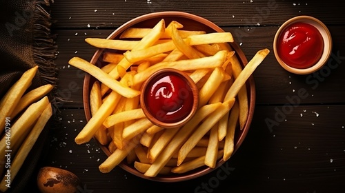 French fries or potato chips with ketchup top view