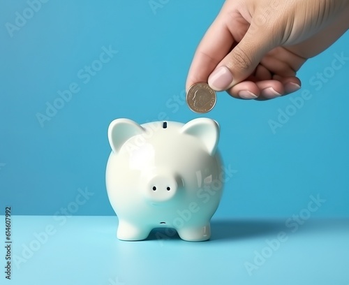 Hand putting coin to white piggy bank saving