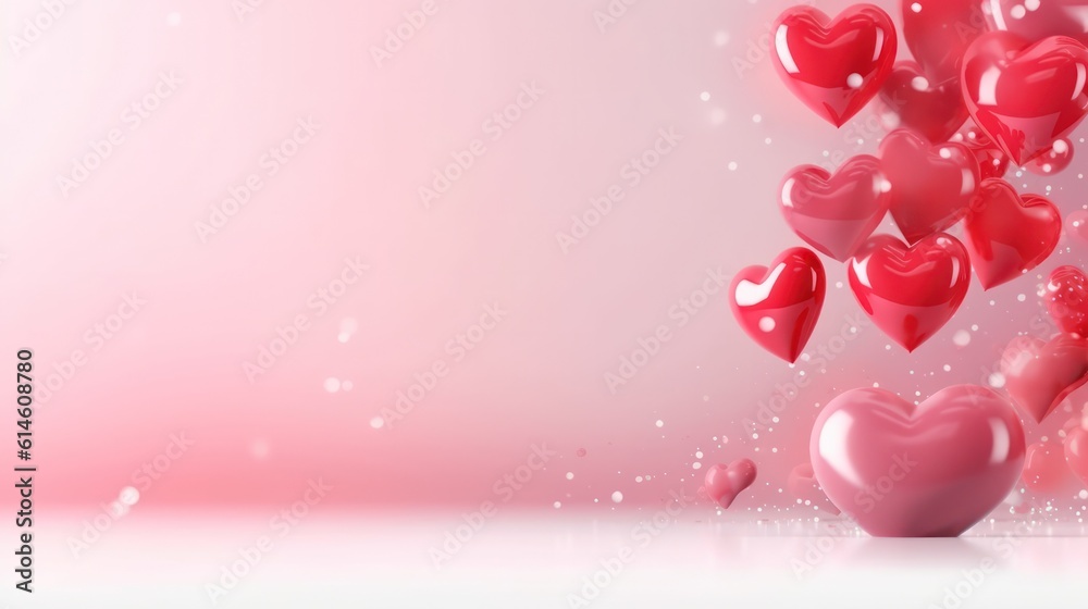 holiday background with heart shaped balloons on pink background. love and celebration. valentine's day card balloons with red heart. Generative AI 