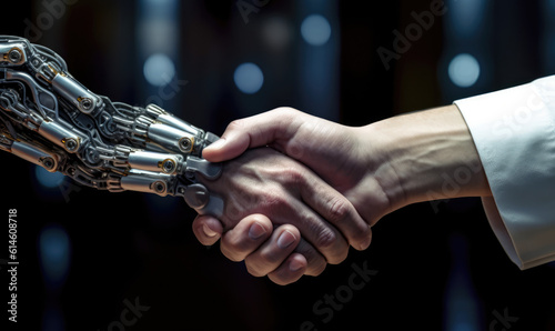 White cyborg finger about to touch human finger
