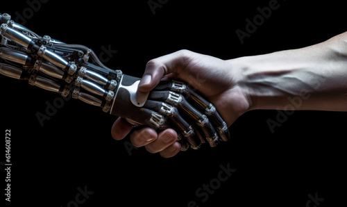 White cyborg finger about to touch human finger