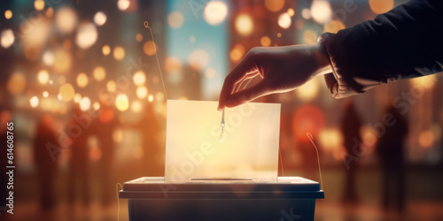 a hand drops a ballot into a transparent plastic ballot box on election day.holiday illumination at a polling station. the will of the voters.Generative AI