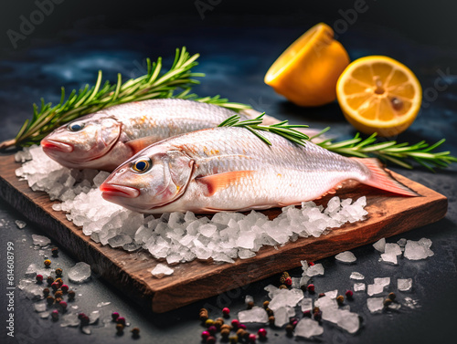 Fresh raw seabass fish with lemon, rosemary and spices on wooden cutting board