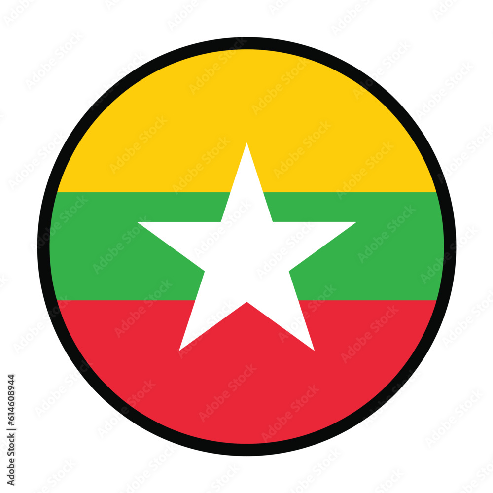 Round Myanmar flag, flat vector logo icon. Simple vector button flag of Myanmar. Round Myanmar flag, flat vector logo icon. Simple vector button flag of Myanmar.