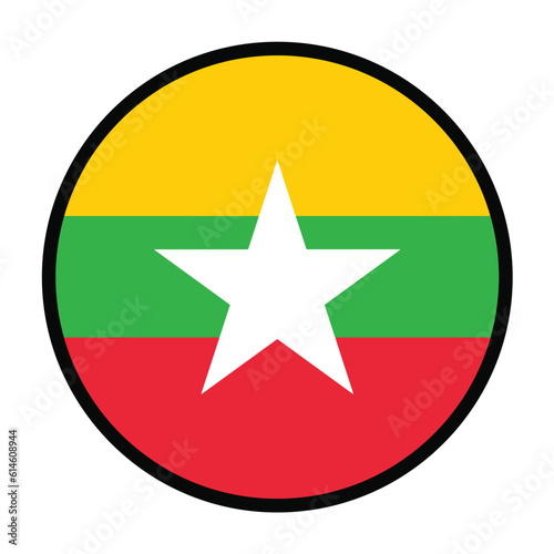 Round Myanmar flag, flat vector logo icon. Simple vector button flag of Myanmar. 