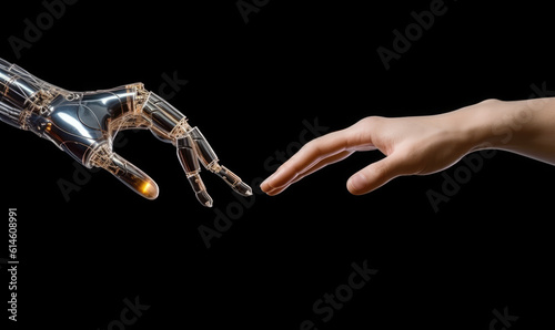 White cyborg finger about to touch human finger