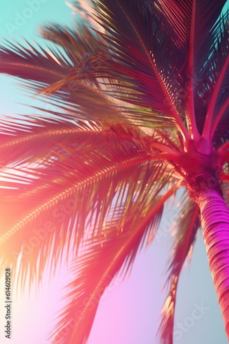 Wallpaper background of a summer palm in neon pink blue violet purple red green color. Vibrant saturated summer look. Generated AI.