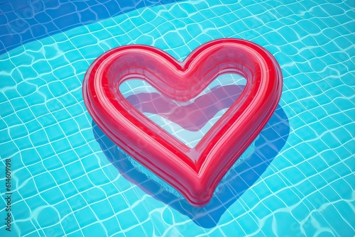 Neon colored rubber red heart on a pastel pool. Summer time with neon pink blue turquoise color with sun rays and sunshine. Generated AI.