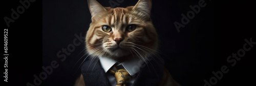 Serious cat wearing suit portrait, dark background copyspace, Generative AI