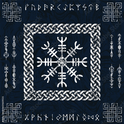 Blue Helm of Awe viking Scandinavian symbols background