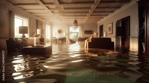  the room and furniture were flooded with water after the flood  a severe flood. natural disaster insurance and real estate insurance concept .Generative AI 