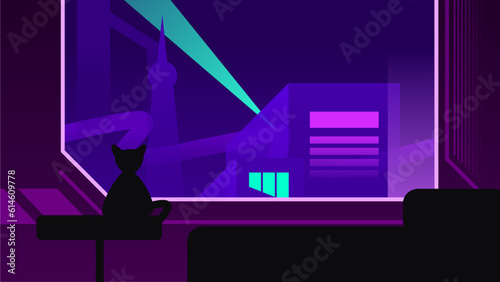 Cyberpunk Bedroom with Cityscape In Windows At Front, Atmospheric Background with Neon Lights