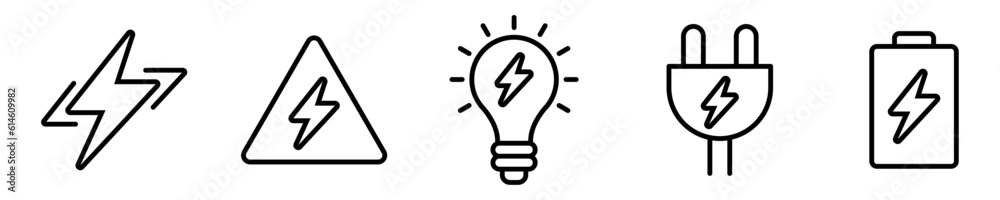 Conjunto de iconos de electricidad. Rayo, precaución, carga eléctrica, bombilla de luz, enchufe, batería. Ilustración vectorial Conjunto de iconos de electricidad. Rayo, precaución, carga eléctrica, bombilla de luz, enchufe, batería. Ilustración vectorial