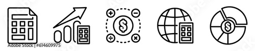 Conjunto de iconos de contabilidad. Concepto de finanzas. Calculadora, operaciones matemáticas, factura, impuestos, ganancias, porcentaje. Ilustración vectorial