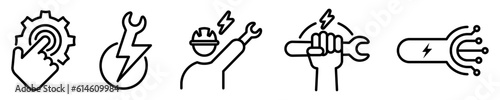 Conjunto de iconos de electromecánica. Concepto de electricidad y mecánica. Ingeniería, crear, controlar y analizar sistemas electromecánicos. Ilustración vectorial