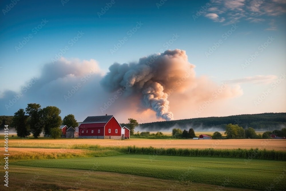 Hot fire with a column of smoke in the distance in a field behind a farmhouse. Danger to crops and crops, natural disaster.Generative AI 