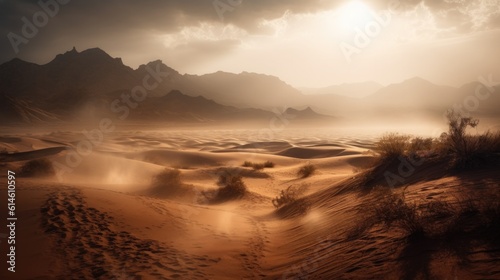 Desert with an approaching sandstorm. Forces of nature and natural disasters. sandstorm is coming.Generative AI
