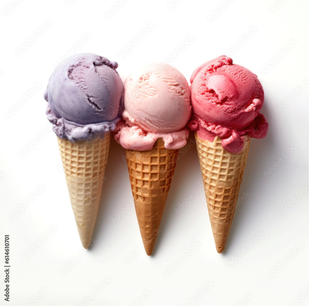 three ice cream cones with the colors of the american flag on a white background. ice cream day in America. Generative AI three ice cream cones with the colors of the american flag on a white background. ice cream day in America. Generative AI