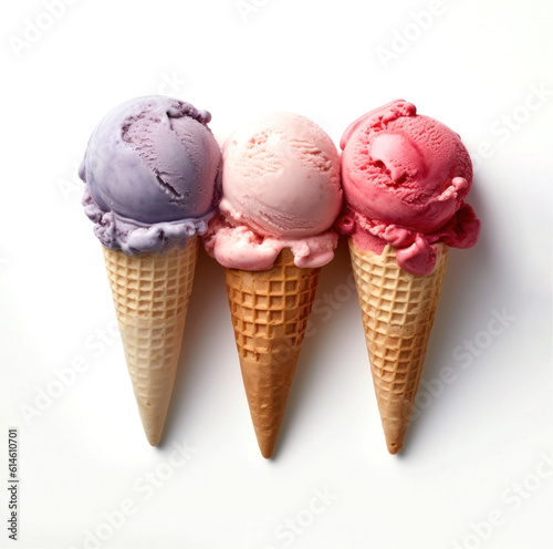 three ice cream cones with the colors of the american flag on a white background. ice cream day in America. Generative AI