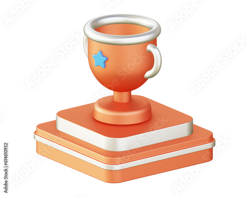 3d illustration icon design of metallic orange champion trophy cup with square podium