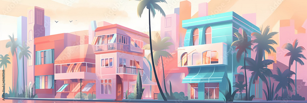 midjourney generated illustration by ai, miami beach scene in pastel colors, Generative AI