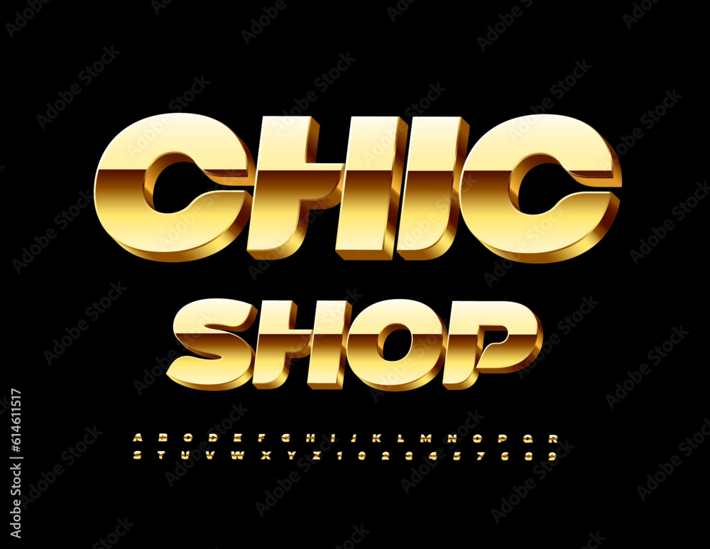 Fototapeta premium Vector luxury Signboard Chic Shop. Golden 3D Font. Trendy Alphabet Letters and Numbers set.