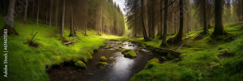 A peaceful brook from Latorita's spring winds its way through a dense spruce forest and a lush alpine meadow, Generative AI