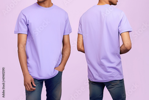 Photo realistic male purple t-shirts with copy space, front, and back view