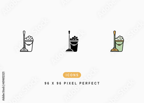 Mop Bucket Icon. Room Floor Clean Up Symbol Stock Illustration. Vector Line Icons For UI Web Design And Presentation