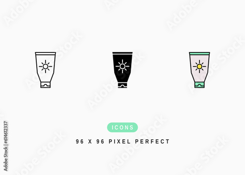 Sunscreen Icon. Sunblock Lotion Container Symbol Stock Illustration. Vector Line Icons For UI Web Design And Presentation