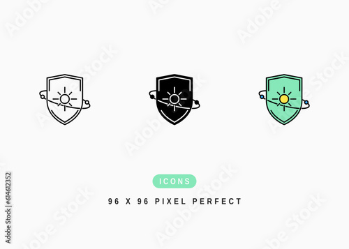 UV Shield Icon. Sunblock Protection Symbol Stock Illustration. Vector Line Icons For UI Web Design And Presentation