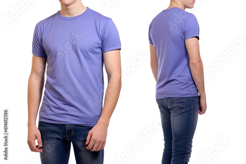 Photo realistic male purple t-shirts with copy space, front, and back view