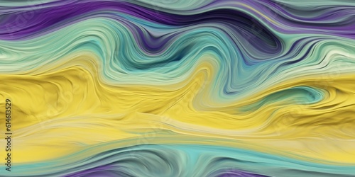 Seamless pattern texture Violet yellow and turquoise oil paints mixed in waves. AI Generation 