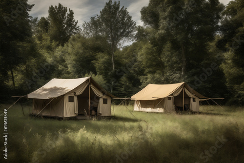 canvas forest nature camping glamping tent luxury vacation travel light. Generative AI. © SHOTPRIME STUDIO
