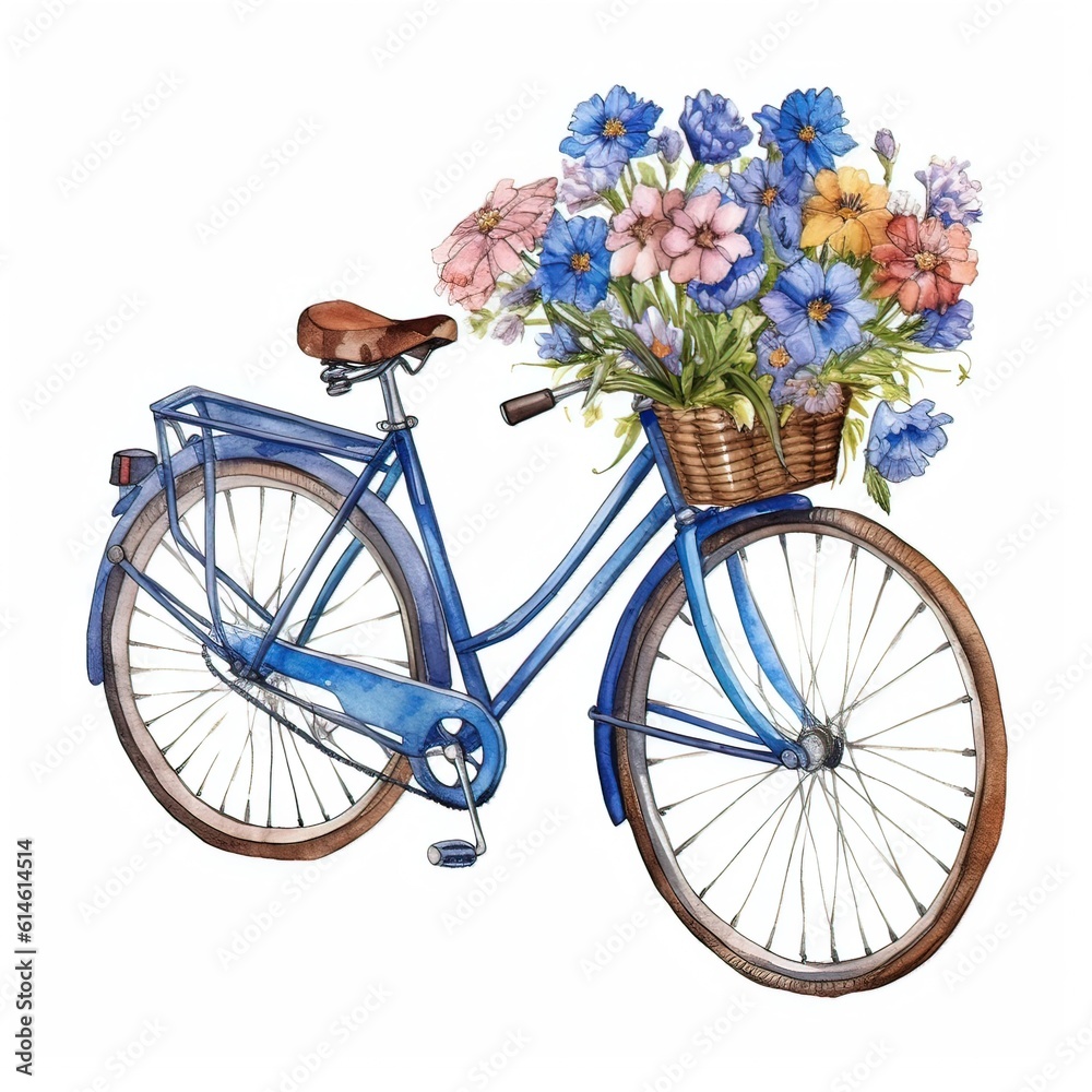 Bicycle with bouquet of flowers. Isolated on white background