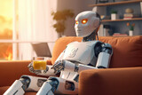 chatgpt ai robot sitting on the sofa like a normal human being