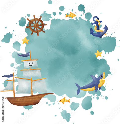 Hand drawn illustration with cute sailing ship, shark, steering wheel and anchor on watercolor spot. Space for text.