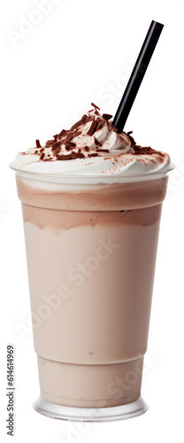 Glass of chocolate milkshake decorated with whipped cream and chocolate isolated.