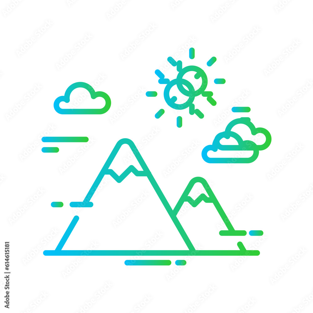 Mountain travel and tourism icon with blue and green gradient outline style. sunset, ridge, symbol, isolated, set, blue and green gradient, art. Vector Illustration Mountain travel and tourism icon with blue and green gradient outline style. sunset, ridge, symbol, isolated, set, blue and green gradient, art. Vector Illustration
