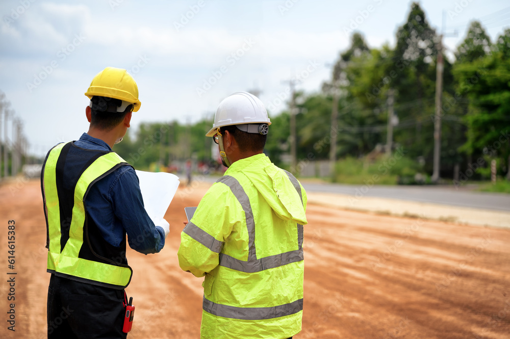 Asian Civil engineers consider and discuss with construction foremen while looking at blueprint papers and schedule targets at highway road construction site. Asian Civil engineers consider and discuss with construction foremen while looking at blueprint papers and schedule targets at highway road construction site.