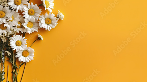 Frame of chamomiles, branches, leaves and lilac petals on white background. Flat lay, top view