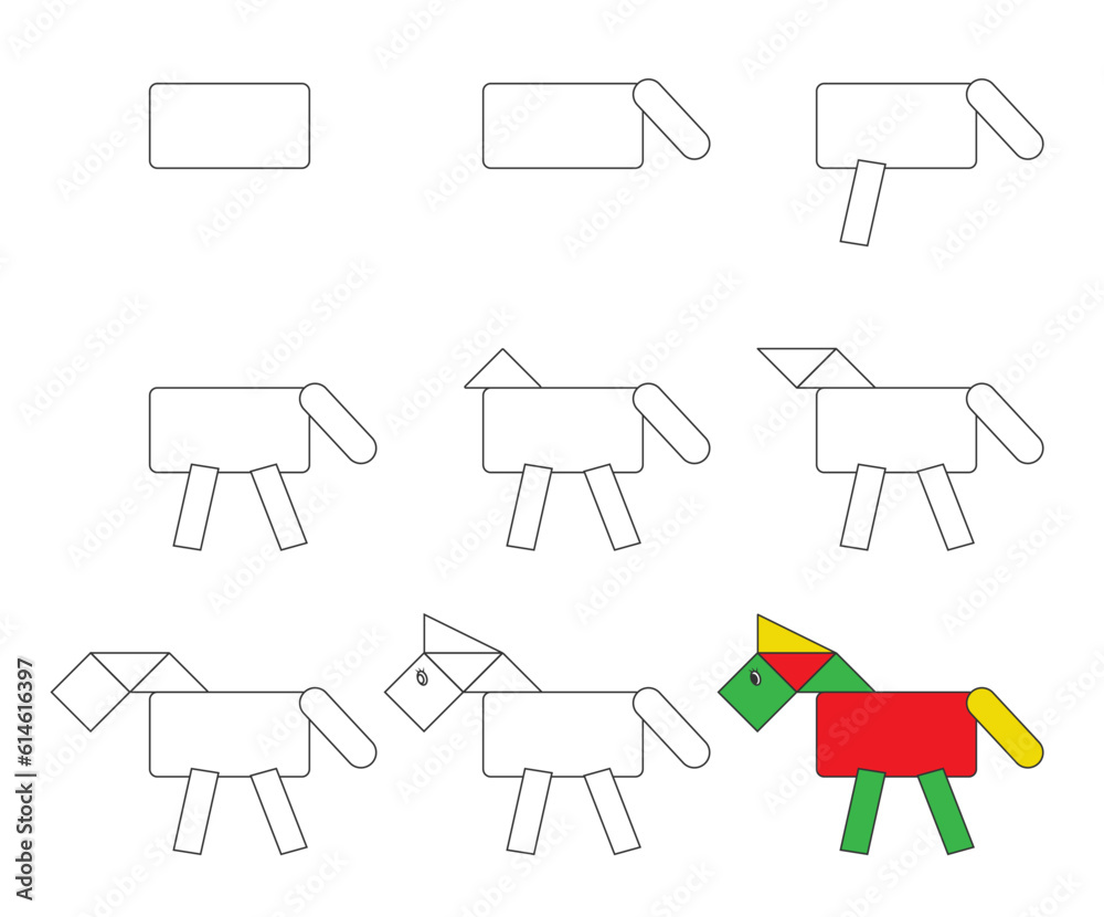 Worksheet easy guide to drawing horse from geometric shapes. Simple stepbystep drawing